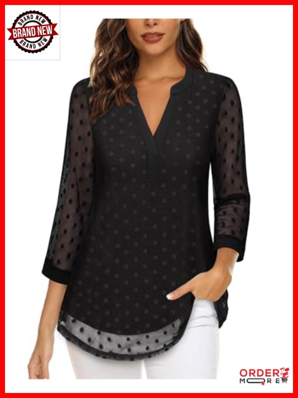 3/4 Sleeve V-Neck Tunic Top Double Layers Mesh Blouse